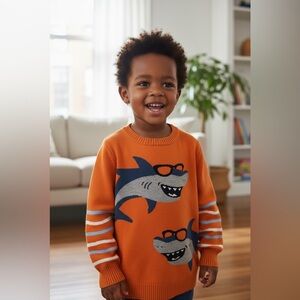 Kids Orange Sweater with Shark Design
